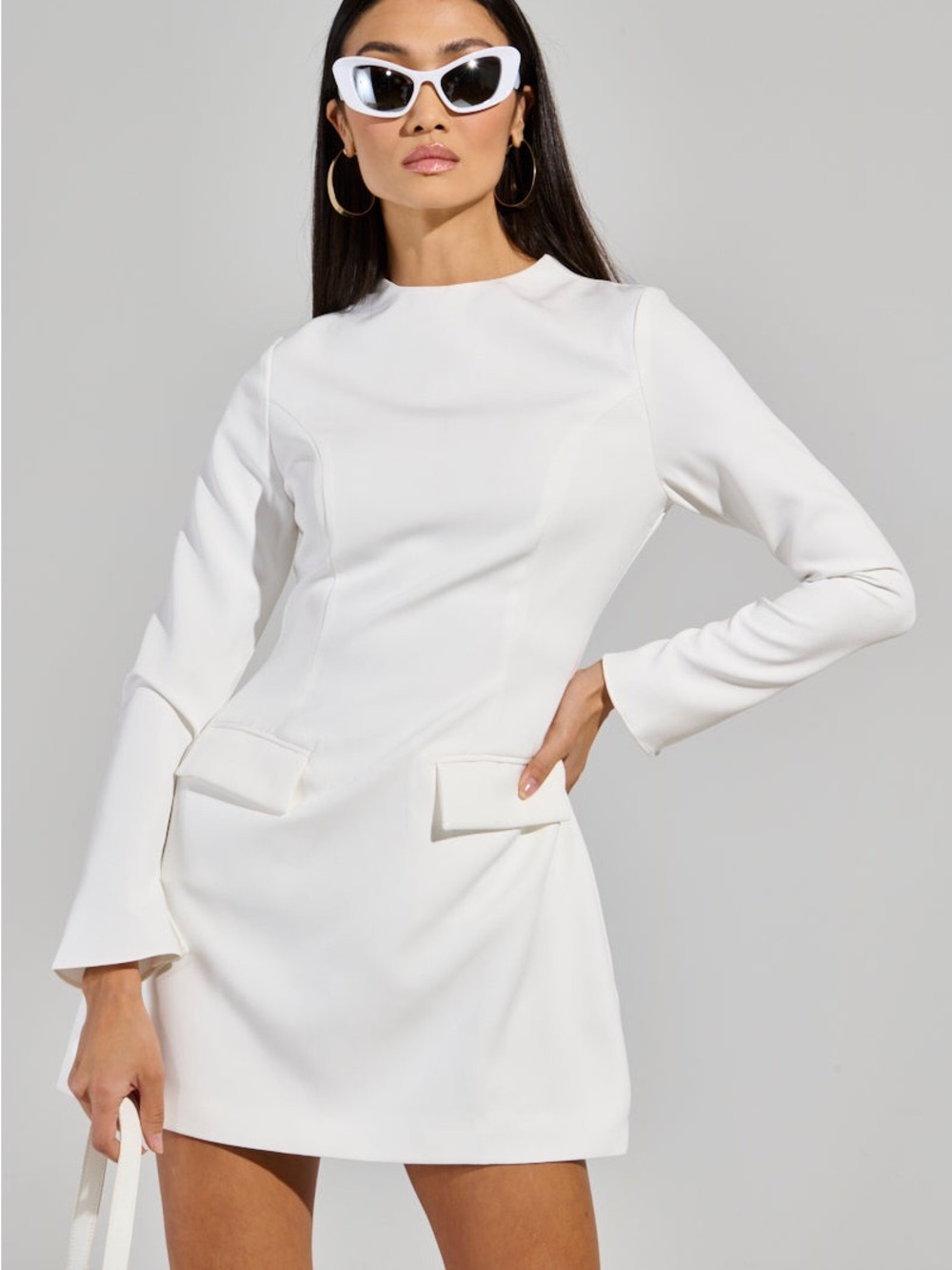 AKIRA White Long-Sleeve Pocket Mini Dress- Size L